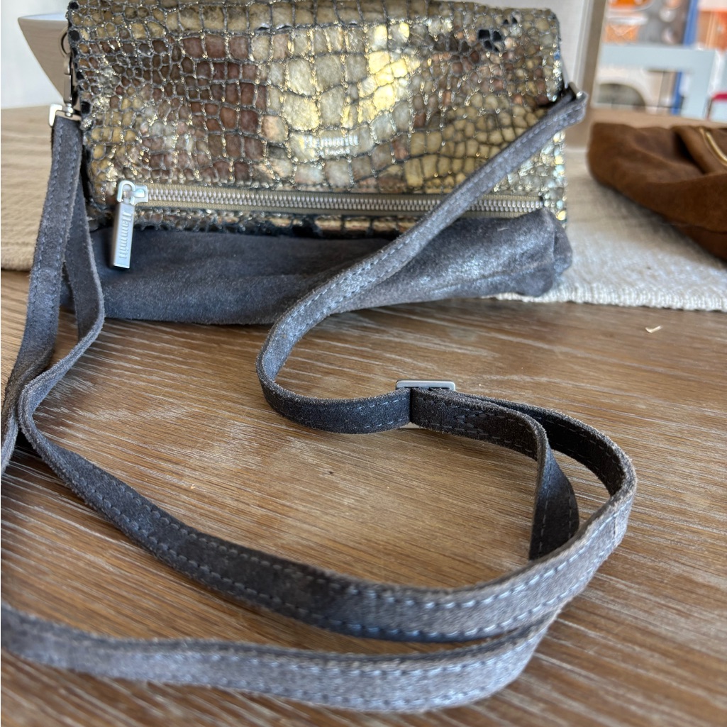 Metallic Croc-Embossed Crossbody Bag In Gold And Gray - [Brand]